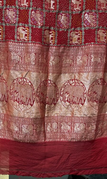 Royal Heritage: Red Patan Bandhej Dupatta with Checks and Elephant-Peacock Motifs