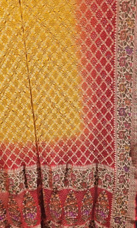 Yellow Bandhani Dupatta with Check Pattern, Floral Border, and Gold Zari Work