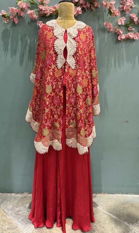 Scarlet Grace: Red Bandhani Kaftan with Pearl Work, Bustier & Palazzo