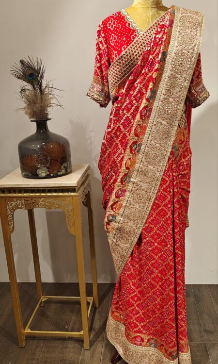 Traditional Red Bandhani Saree with Meenakari Motifs and Handcrafted Gotapatti & Dori work