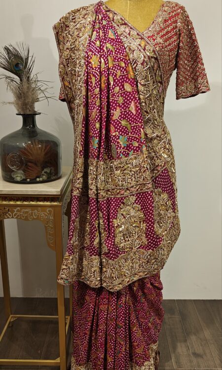 Majestic Wine  bandhani Patni Concept Saree – All-Over Meenakari with Grand Zardozi Detailing