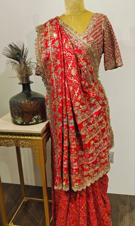 Red Bandhani Saree with Jungle Motifs & Hand Zardozi Highlights
