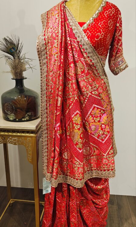 Heritage Red Bandhani Saree Featuring Meenakari Motifs & Dori work