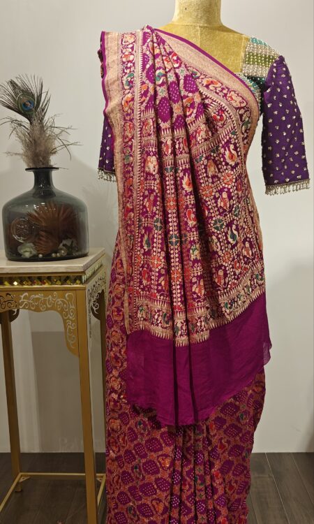 Panchhi aur Hathi: Purple Bandhani Meenakari Saree in Gharchola Grandeur