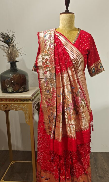 Vriksha Varnam: Red Bandhani Saree with Birdsong Weave