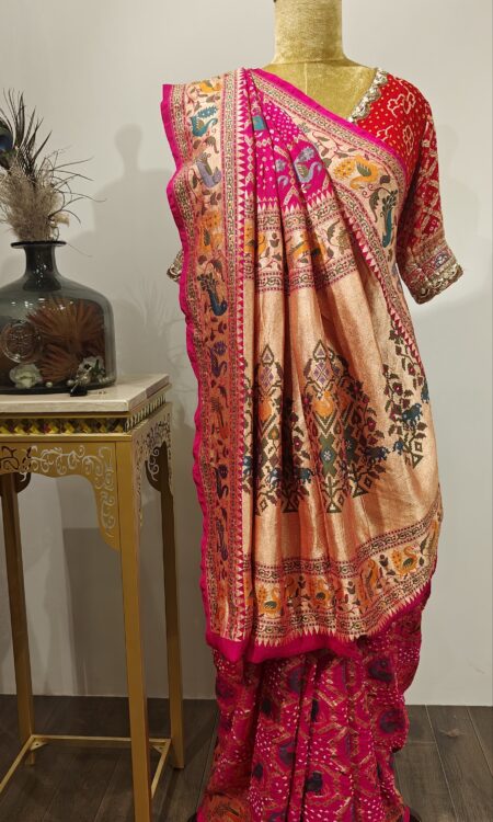 Meenakari Mayuri: Rani Pink Garchola bandhani Saree with Celestial Birds