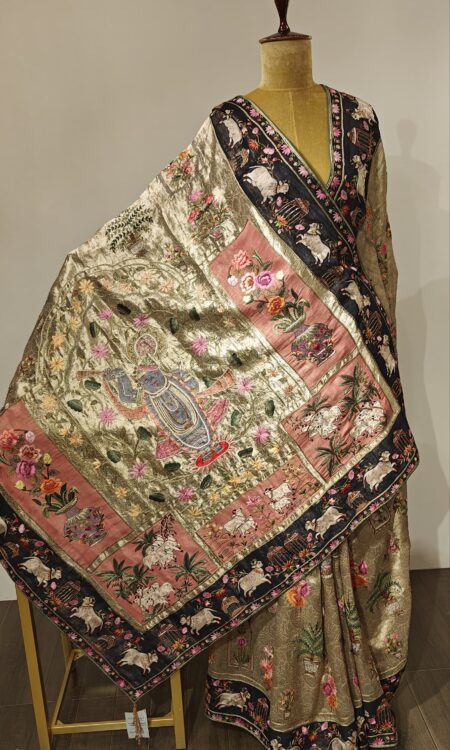 Iktara’s Srinathji Heritage Weave. 
An exquisite drape from the Iktara Collection featuring intricate Srinathji embroidery, temple artistry, and divine motifs that celebrate