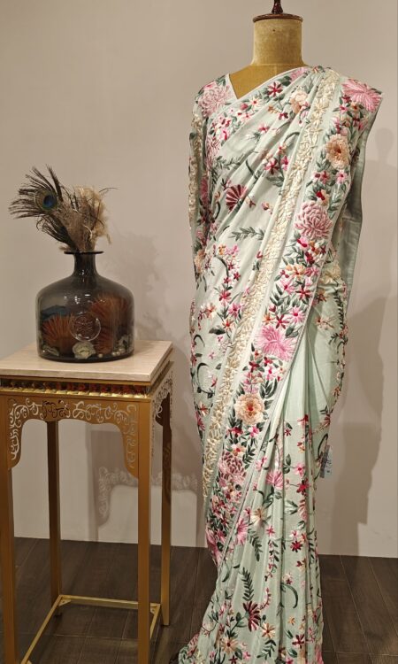 Mint Blossom – Pastel Shade  parsi gara Saree with Intricate Floral