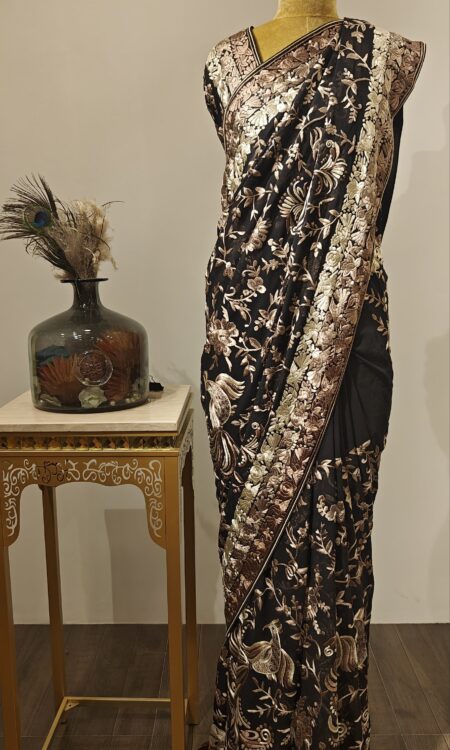 Ebony Grace – Beige Floral Embroidered Saree in Rich Black Hue