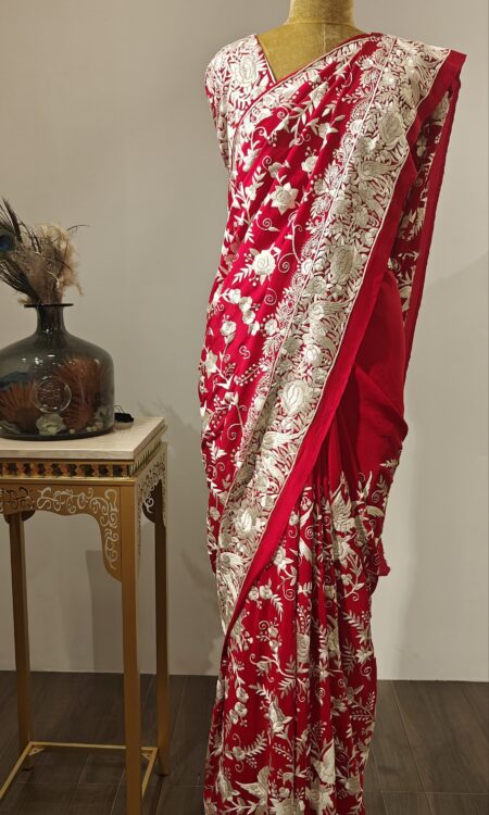 Parsigara Bloom – Timeless Red Saree with Heritage Florals