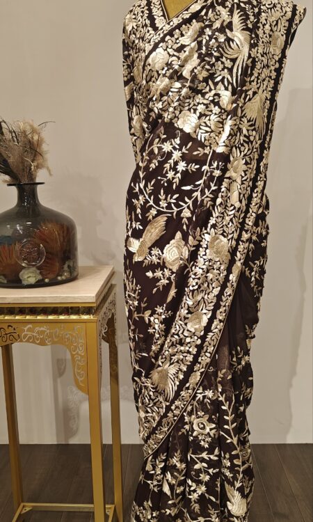 ChocoFlora – Brown Parsigara Saree with Timeless Thread Motifs