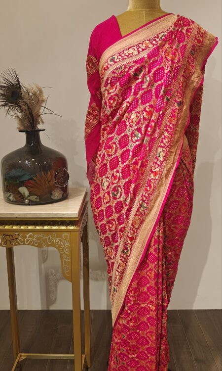 Mayura Leela – Rani Pink Bandhej Saree with Meenakari Birds