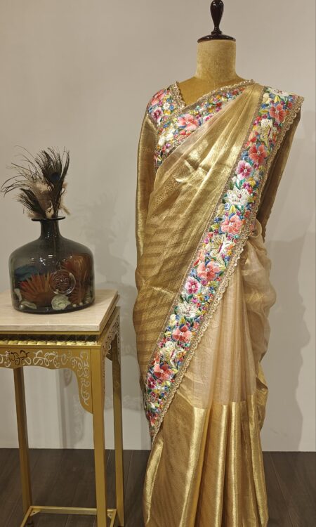 Golden Aura – Two-Tone Tissue Saree with Parsi Thread Art
