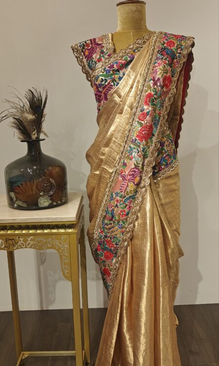 Auric Elegance – Gold Saree with Multicolour Petit Point Borders