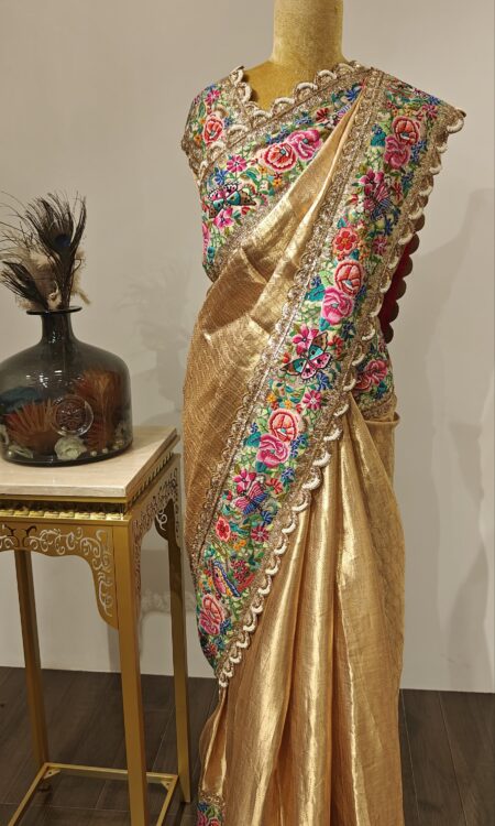The Heritage Bloom – Gold Tissue Drape with Hand Petit Point Detailing