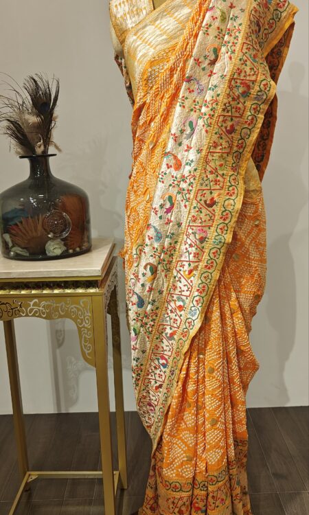 Rajsi Paithani – Bandhej Drape with Traditional Peacock Border