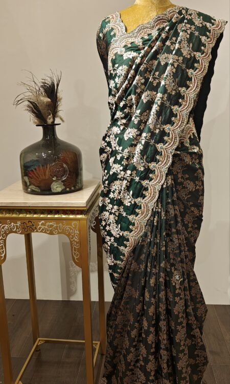 Araish – Threadwork Saree in Forest Green with Scalloped Border