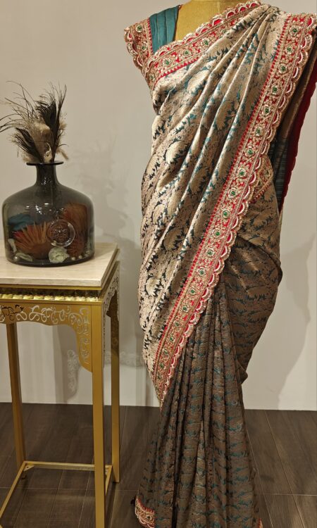 Gulraaz – Jade Green Saree with Vintage Floral Weave & Rosette Highlights
