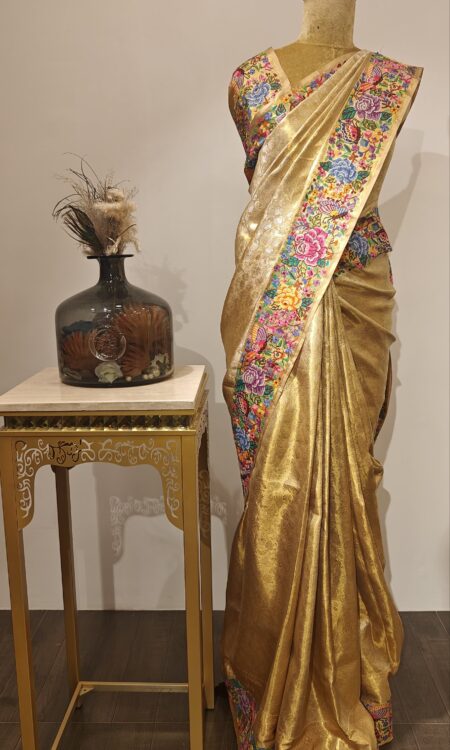 Pushpanjali – Golden Kanchi Saree with Woven Floral Charm