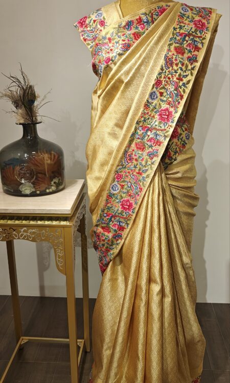 Vaidehi – Golden Kanchi Saree with Delicate Floral Accents