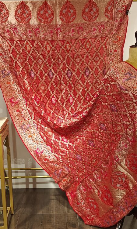 Sunehri Laal: Red Bandhani Dupatta with Zari Weaving