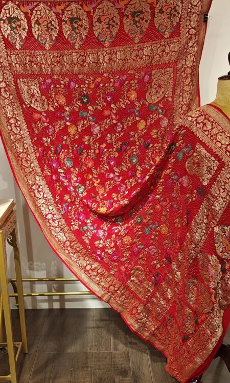 Swarna Phool Leela: Red Bandhani Patta Dupatta with Meenakari-Inspired Zari Weaving
