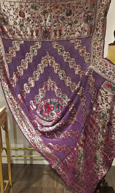 Zari Tara: Purple Bandhej Dupatta with Handwoven Gold Accents