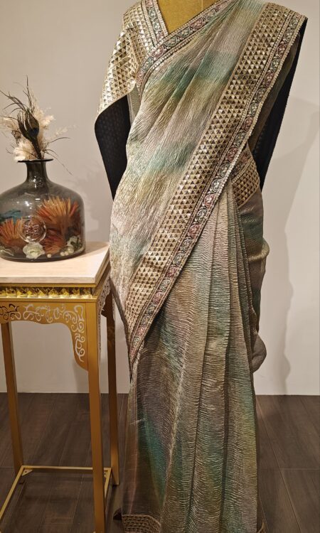 Zarina: Crushed Tissue Elegance with Triangular Mirror Work & Floral Edging"