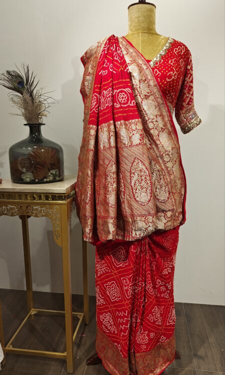Classic Red Garchola Saree with Luxurious Gold Zari Detailing