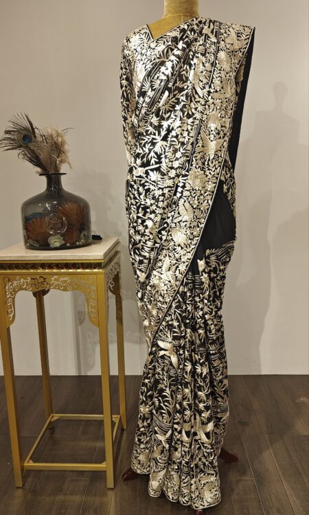 Ivory Symphony – Black Saree with Classic Parsi Ghara Detailing
