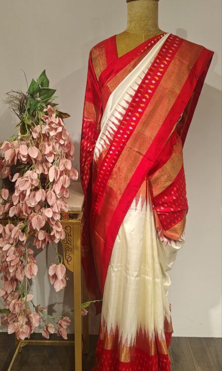 Vedika: Classic Ivory Ikat with Crimson Border Elegance