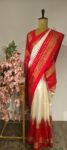 Vedika: Classic Ivory Ikat with Crimson Border Elegance