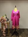 Blush Pink Bandhani Kaftan with Intricate Zari Weaving & Textured Borders