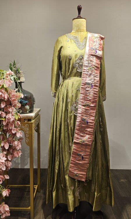 Olive Gold Anarkali with Intricate Pearl Detailing & Patan Panel Dupatta