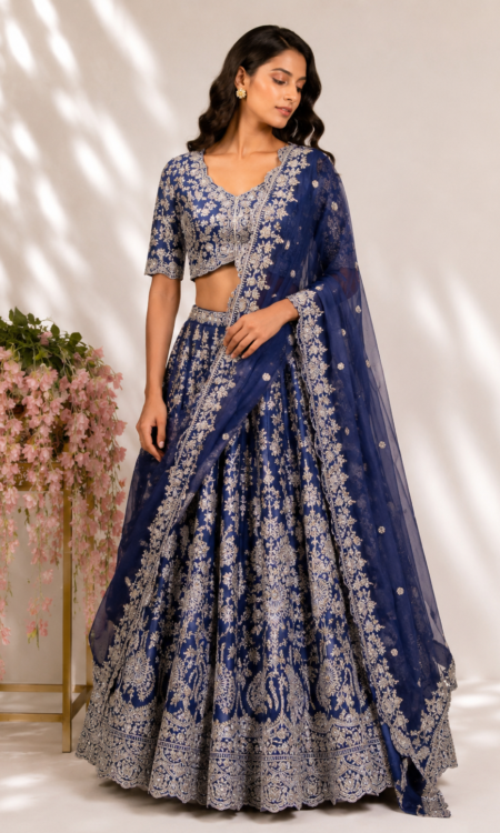 Riwaayat-e-Neel: Regal Thread & Zardozi Embroidered Lehenga in Royal Blue