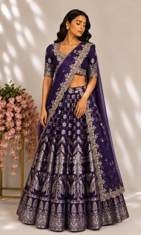 Banarasi Baag: Royal Purple Bridal Lehenga with Zardozi Blouse & Heavily Embellished Dupatta