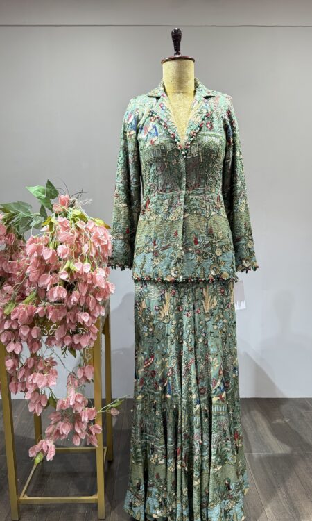 Mint Muse: Heavily Embroidered Jacket-Style Sharara with Bead  Details