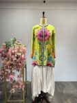 Yarn Green Threaded Kurti with Front Hook Detailing & Ivory Harem Pants