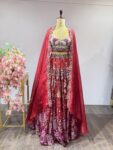 Red Rosette: Cape-Style Indo-Western with Delicate Floral Embroidery