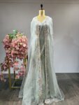 Mint Stardust: Pre-Draped Lehenga Set with Sequin Blouse & Cape Detail