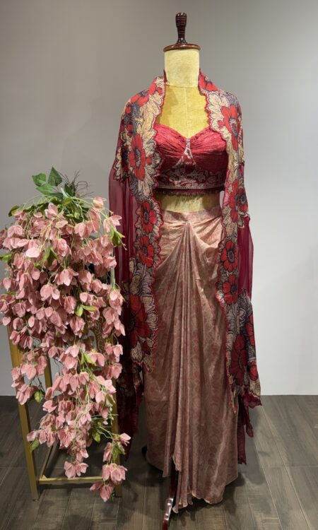Phoolwari Cape Set: Skirt Ensemble with Embroidered Border