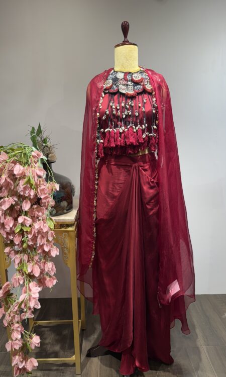 Tamanna Tassel Set: Maroon Drape with Statement Shell Work
