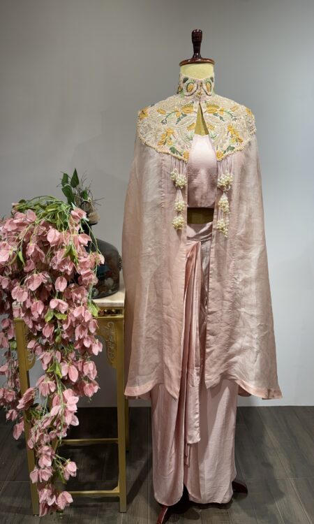Pearl Whisper Drape Skirt with Cape & Tasseled Elegance