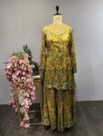 Art Story – Mustard Fusion Sharara with All-Over Multicolor Thread Embroidery