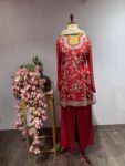 Noor-E-Gota: Red Sharara Suit Set with Contrast Ivory Dupatta