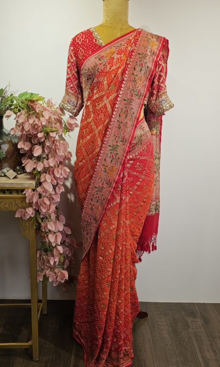 Red to orange Bandhani saree