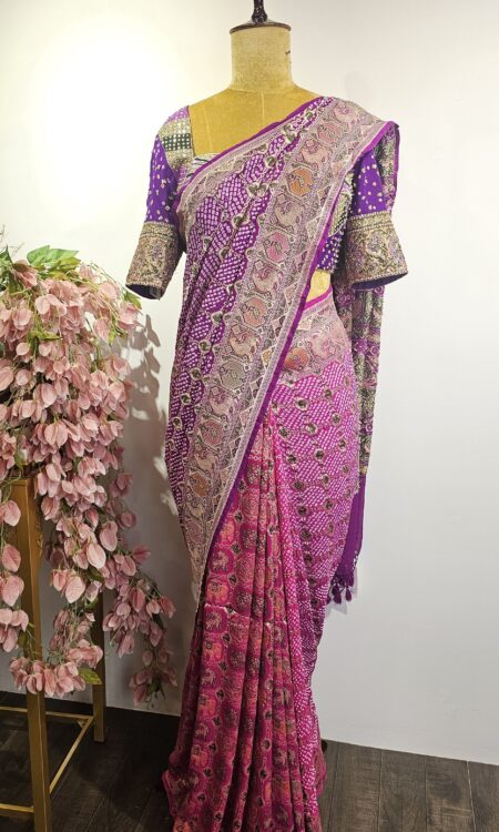 Ombre pink purple bandhani saree