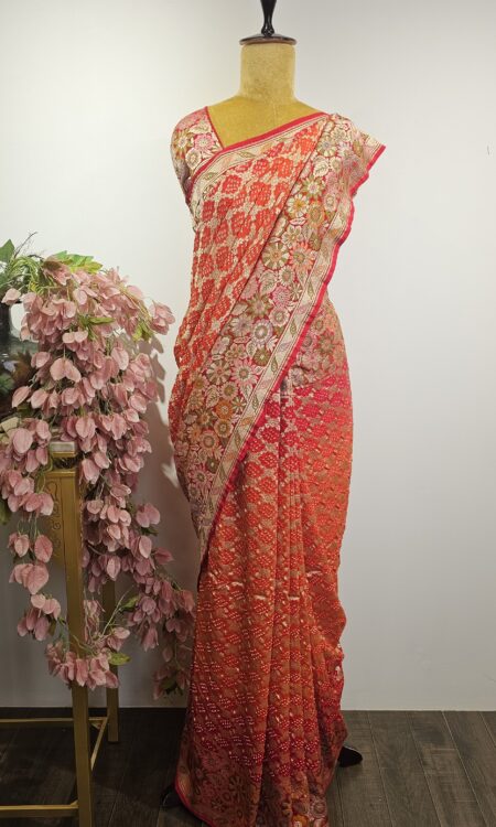 Red-orange ombre  Bandhani saree