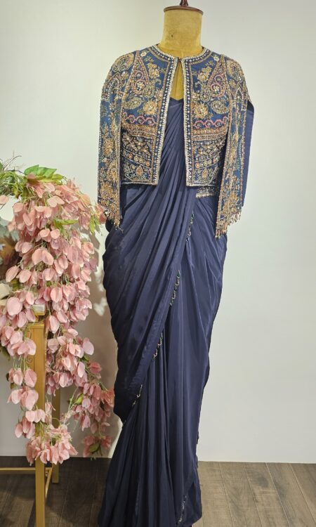 Navy blue colour drape saree pair with stylish jacket