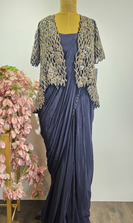 Navy blue colour drape saree pair with sequence work jacket